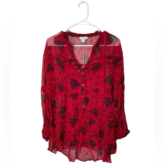 NWT Sundance Elodie Red Black Floral Tiered Blouse Top Size Medium - Picture 2 of 9